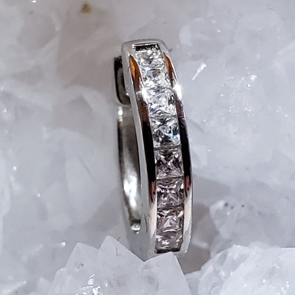 New CZ, Rodium on 925 Sterling Silver Huggie Earrings, 13 mm, Channel Set.